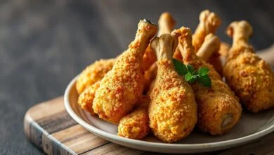 Tulipas de frango douradas e crocantes, com a casquinha perfeita e o osso exposto, servidas em um prato rústico.