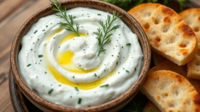 Tigela de molho tzatziki grego autêntico, branco cremoso com pedacinhos verdes de pepino e endro, finalizado com um fio de azeite e folhas frescas.