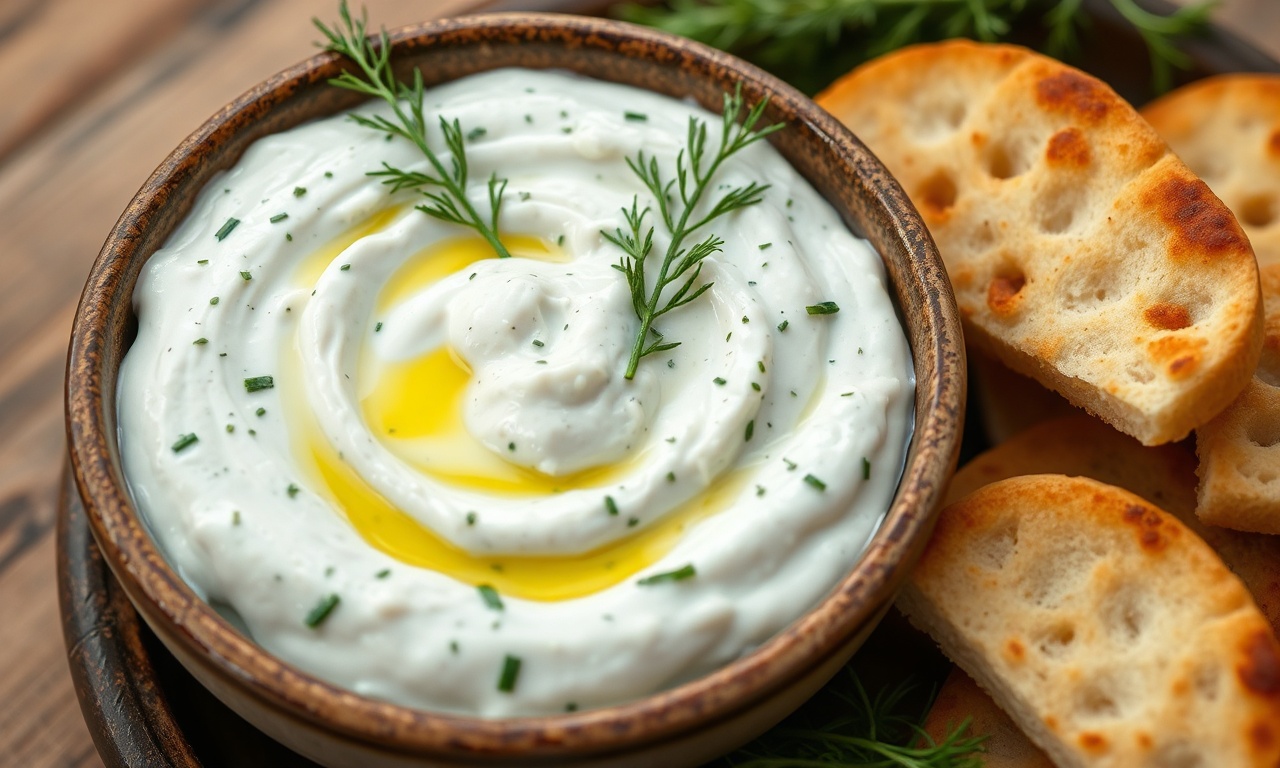 Tigela de molho tzatziki grego autêntico, branco cremoso com pedacinhos verdes de pepino e endro, finalizado com um fio de azeite e folhas frescas.