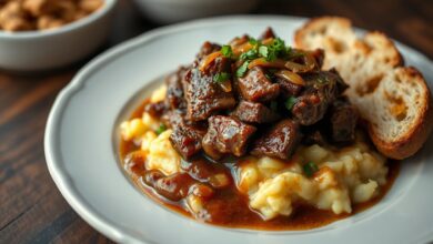 Costela bovina desfiada e dourada sobre cama de purê de mandioca cremoso, regada com caldo encorpado e cebola refogada.
