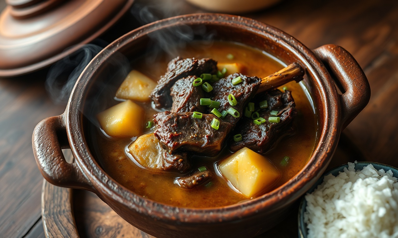 Costela bovina macia com pedaços de mandioca desmanchando em caldo espesso e dourado, servida em panela de barro rústica.