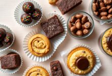 Mesa com cinco tipos de doces artesanais prontos para venda: brigadeiros gourmet, brownies, cookies, bolos de pote e alfajores, todos embalados e decorados.