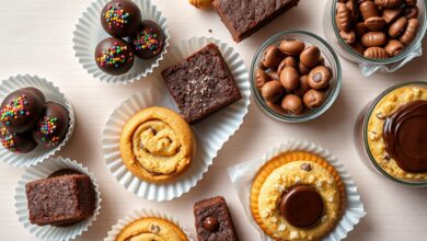 Mesa com cinco tipos de doces artesanais prontos para venda: brigadeiros gourmet, brownies, cookies, bolos de pote e alfajores, todos embalados e decorados.
