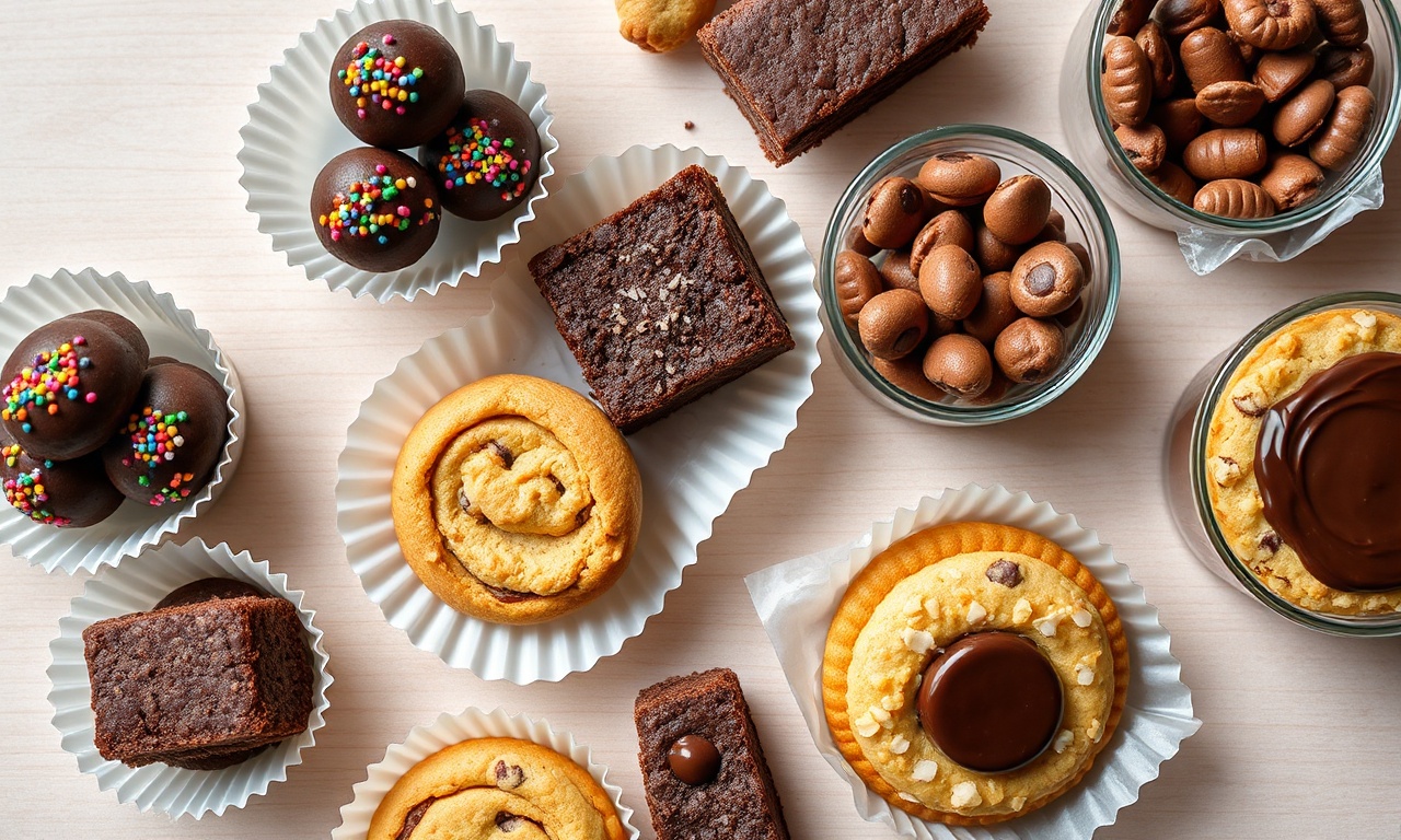 Doces Para Vender: 5 Receitas Lucrativas E Fáceis 3 Mesa com cinco tipos de doces artesanais prontos para venda: brigadeiros gourmet, brownies, cookies, bolos de pote e alfajores, todos embalados e decorados.