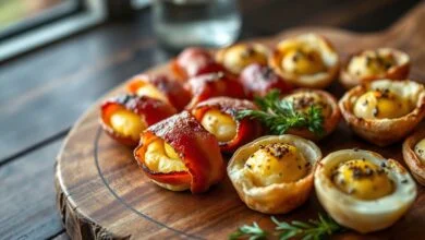 Tábua rústica com diversos aperitivos coloridos e crocantes prontos para servir.