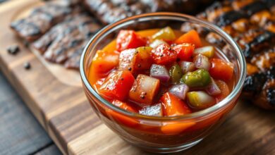 Tigela de vidro com vinagrete fresco de tomate, cebola roxa e pimentão em cubos uniformes, brilhante de azeite, pronto para acompanhar a carne assada.