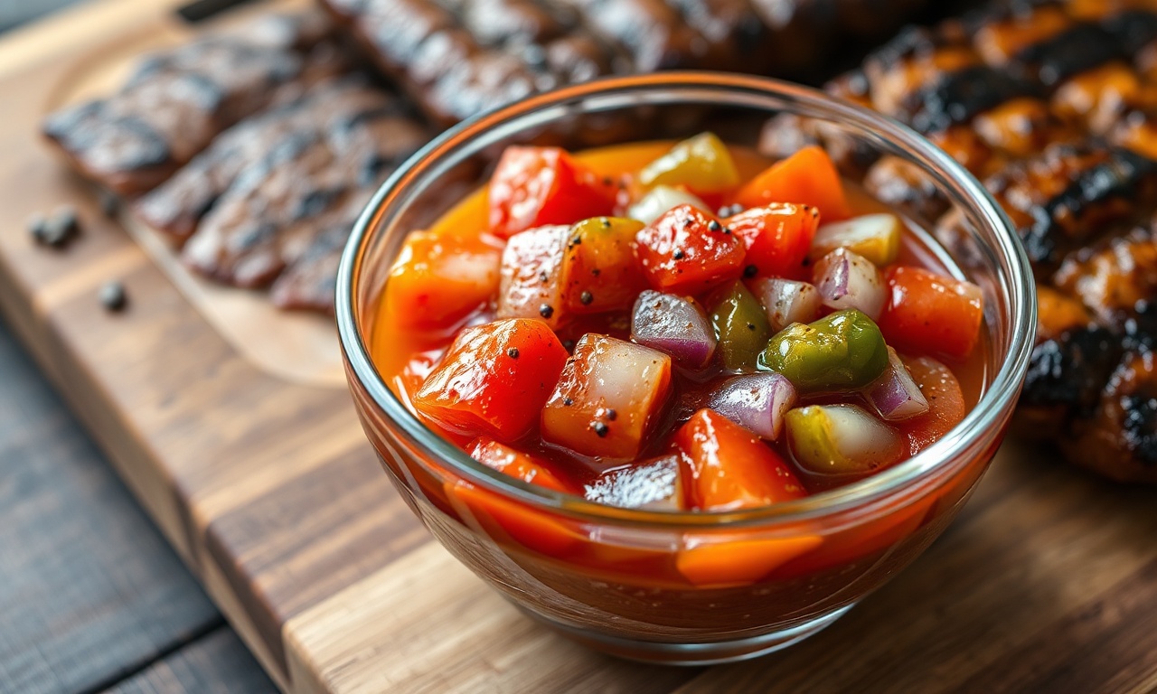 Tigela de vidro com vinagrete fresco de tomate, cebola roxa e pimentão em cubos uniformes, brilhante de azeite, pronto para acompanhar a carne assada.