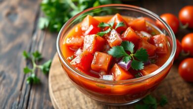 Uma tigela grande e generosa de vinagrete fresco, com cores vibrantes do tomate, cebola roxa e salsinha, pronto para servir uma multidão.