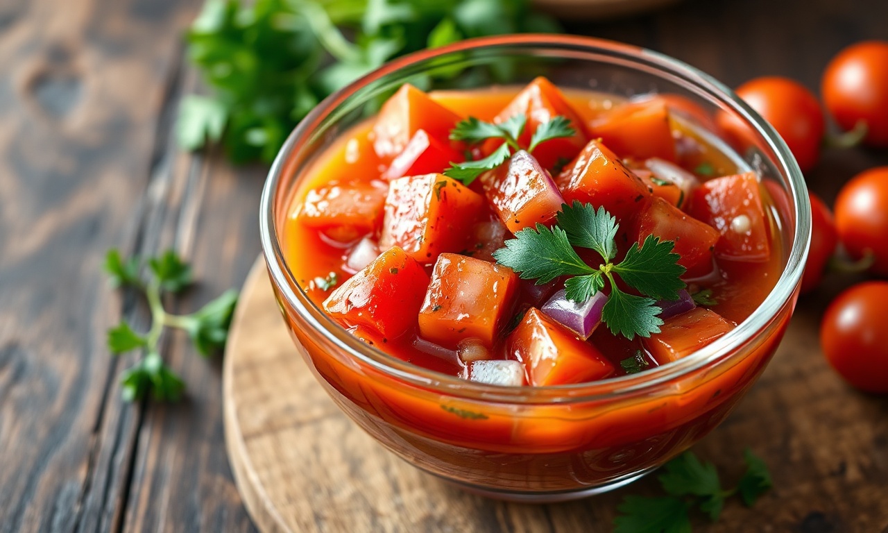 Uma tigela grande e generosa de vinagrete fresco, com cores vibrantes do tomate, cebola roxa e salsinha, pronto para servir uma multidão.