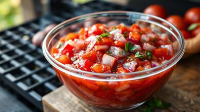 Molho fresco e vibrante de tomate e cebola em uma vasilha de acrílico, pronto para servir um churrasco grande.