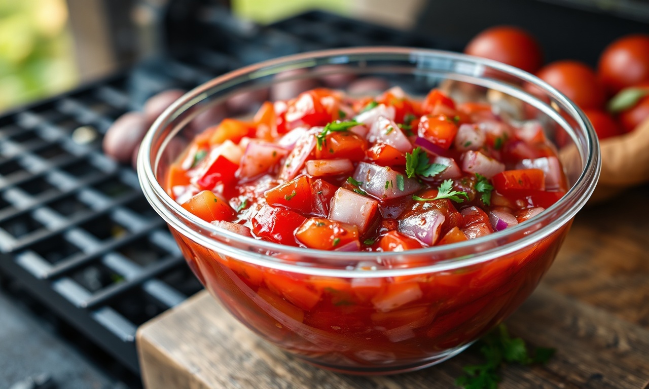 Molho fresco e vibrante de tomate e cebola em uma vasilha de acrílico, pronto para servir um churrasco grande.