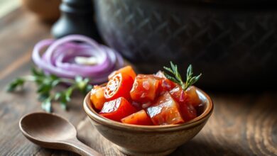 Tigela de vinagrete fresco com tomate e cebola roxa, pronto para acompanhar a feijoada.