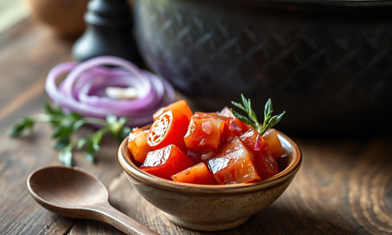 Tigela de vinagrete fresco com tomate e cebola roxa, pronto para acompanhar a feijoada.