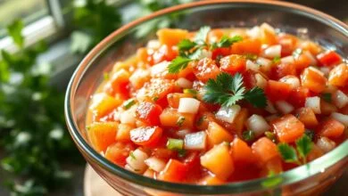Vinagrete colorido e brilhante servido em um grande bowl de vidro