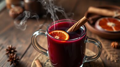 Caneca de vidro resistente com vinho quente de cor rubro profundo, uma rodela de laranja flutuando e um pau de canela apoiado na borda, com vapor subindo.