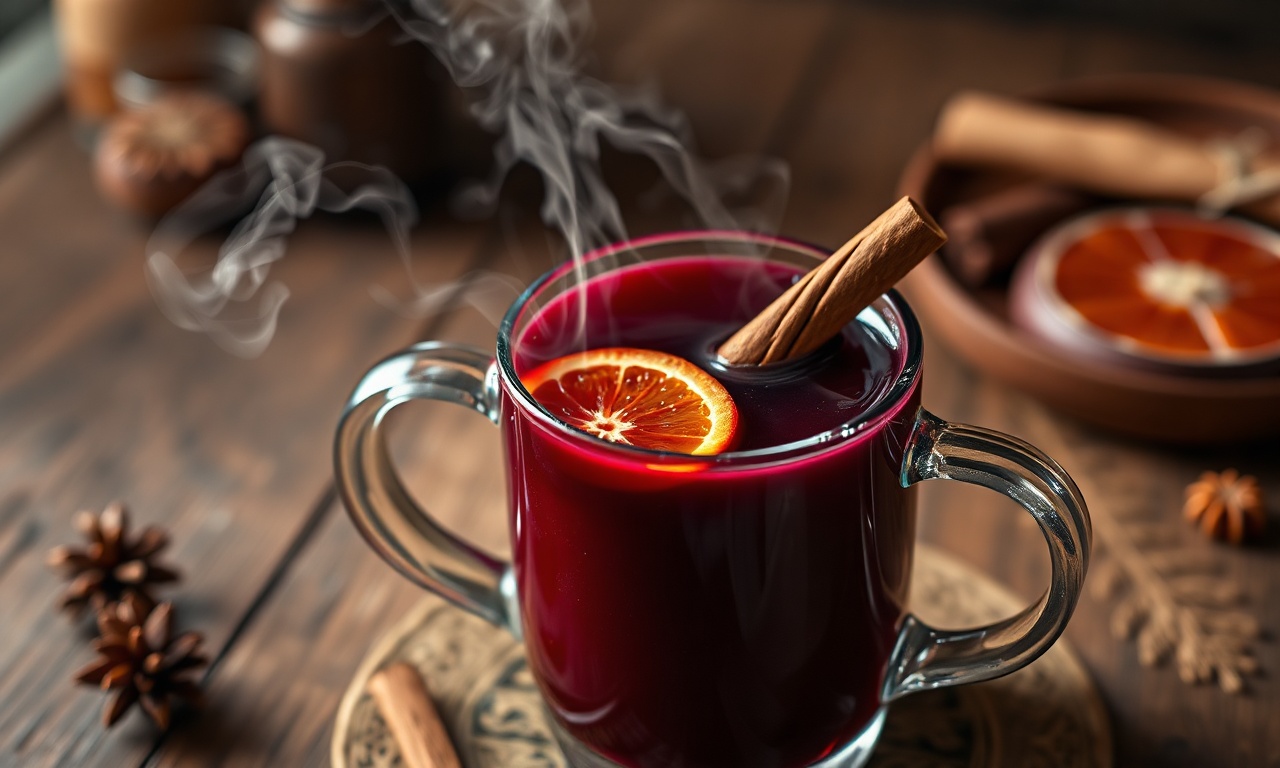 Caneca de vidro resistente com vinho quente de cor rubro profundo, uma rodela de laranja flutuando e um pau de canela apoiado na borda, com vapor subindo.