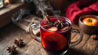 Uma xícara aconchegante de vinho quente, com a cor rubra intensa do vinho tinto, fatias de maçã flutuando e um pau de canela apoiado na lateral, soltando um vapor suave.