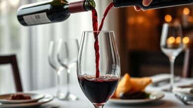 A elegância de um vinho tinto sendo decantado, com o jato de vinho caindo suavemente em um decanter de cristal transparente, revelando a cor rubi intensa do líquido.