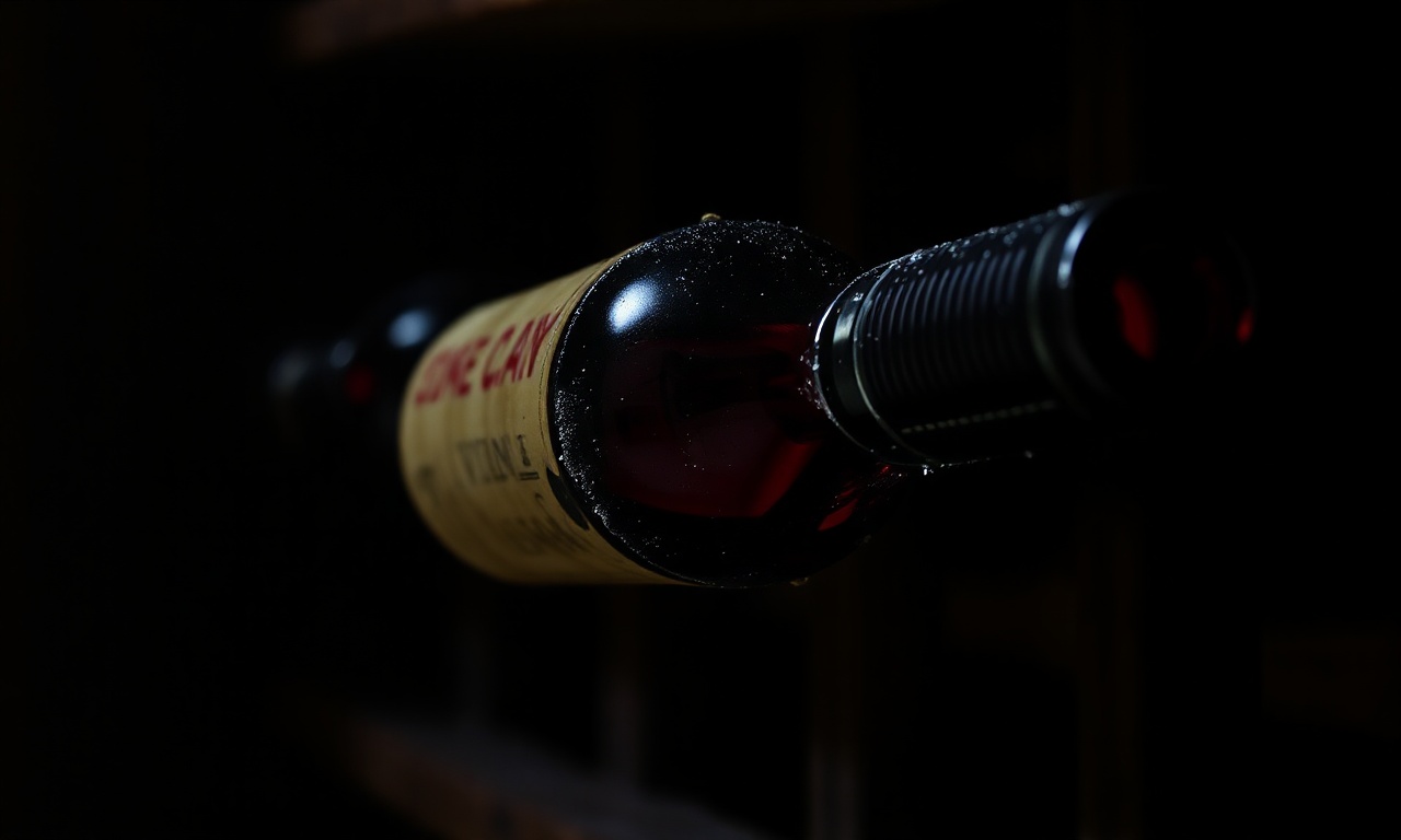Envelhecimento Do Vinho: Como Evoluir Garrafas Na Adega 3 Garrafas de vinho tinto deitadas em uma adega de madeira rústica e escura, com uma poeira sutil indicando o tempo, iluminadas por uma luz suave que destaca a cor rubi profunda do vinho no interior.