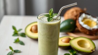 Um copo alto e transparente com a vitamina de cor verde-claro, espessa e cremosa, servido com um canudo e folhas de hortelã.