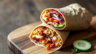 Um wrap integral dourado e bem enrolado, cortado ao meio para revelar o frango desfiado temperado e a colorida camada de legumes frescos.
