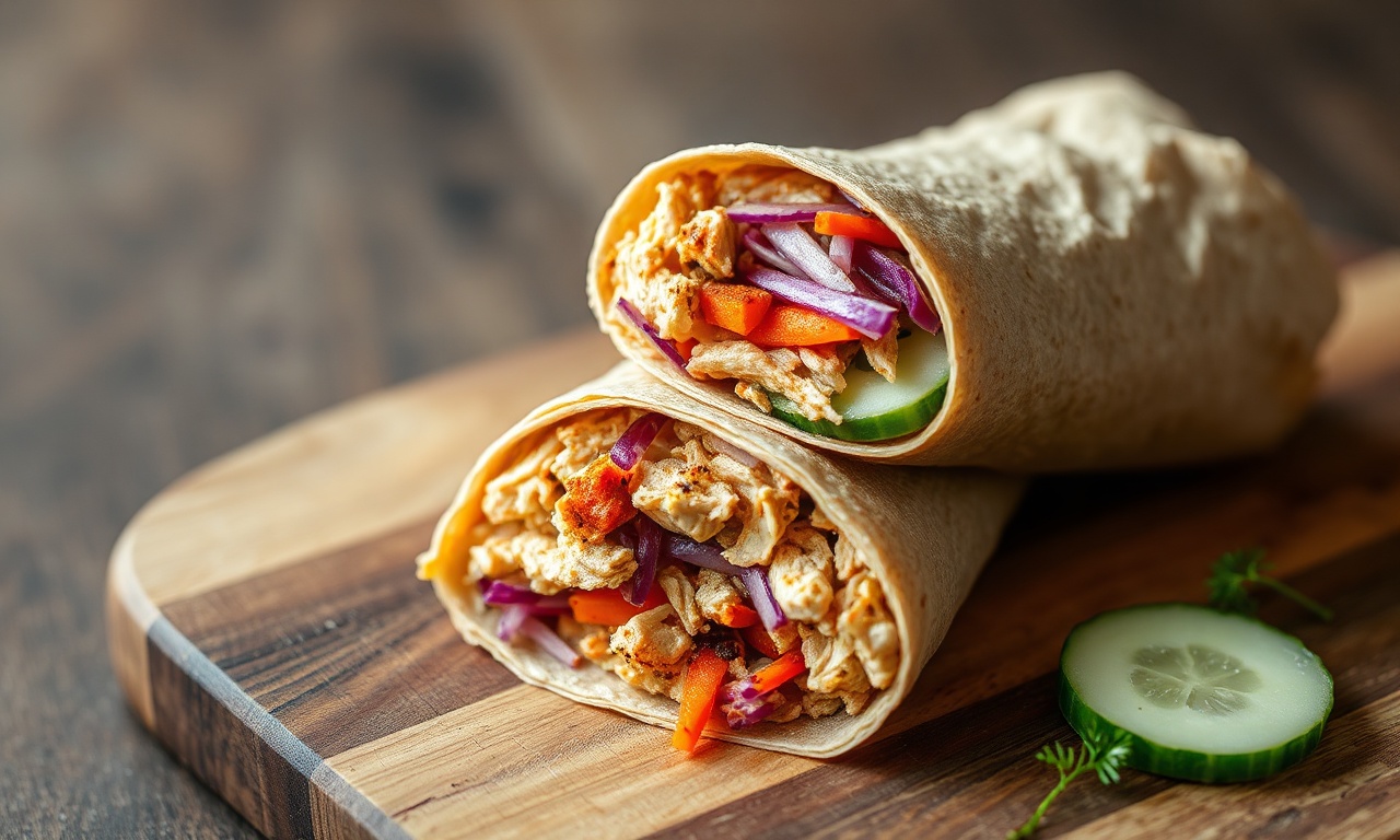 Wrap Fit De Frango: Fácil, Rápido E Com Apenas 9 Ingredientes 3 Um wrap integral dourado e bem enrolado, cortado ao meio para revelar o frango desfiado temperado e a colorida camada de legumes frescos.