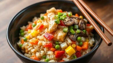 Yakimeshi com grãos soltinhos, frango dourado, legumes coloridos e cebolinha fresca.