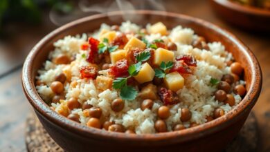 Baião De Dois Fácil: Receita Profissional E Bem Soltinha 6 Prato finalizado de baião de dois com grãos soltos, queijo coalho e tempero verde