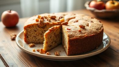 Bolo De Maçã Com Nozes E Passas: Fofinho E Feito No Liquidificador 7 Bolo dourado e alto com cobertura rústica de maçãs caramelizadas, nozes e passas.