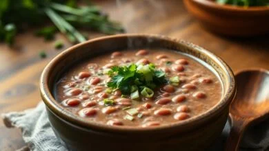 Caldo de feijão espesso e fumegante servido em uma tigela rústica com ervas frescas.