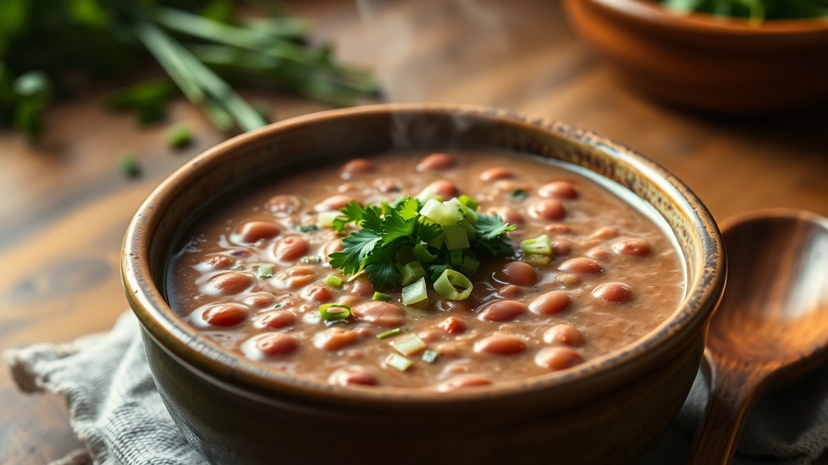 Caldo de feijão espesso e fumegante servido em uma tigela rústica com ervas frescas.