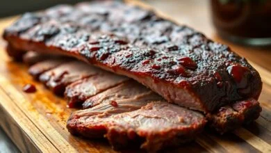 Fatias generosas de costela de porco defumada, com casca (bark) escura e brilhante, exposta a carne macia e desfiando, servida em uma tábua rústica.