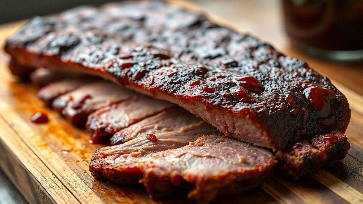 Fatias generosas de costela de porco defumada, com casca (bark) escura e brilhante, exposta a carne macia e desfiando, servida em uma tábua rústica.