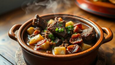 Um prato reconfortante de costela de boi desfiada com mandioca macia e cubos de bacon dourado, servido em uma panela de barro com caldo encorpado e salsinha fresca.