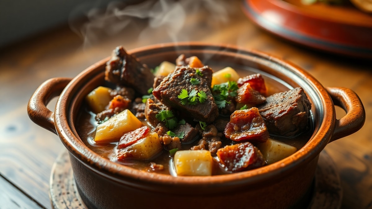 Um prato reconfortante de costela de boi desfiada com mandioca macia e cubos de bacon dourado, servido em uma panela de barro com caldo encorpado e salsinha fresca.