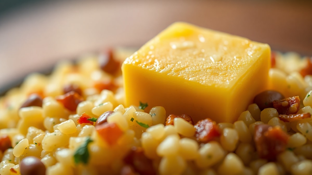 Close-up da textura do arroz, feijão e queijo coalho derretido