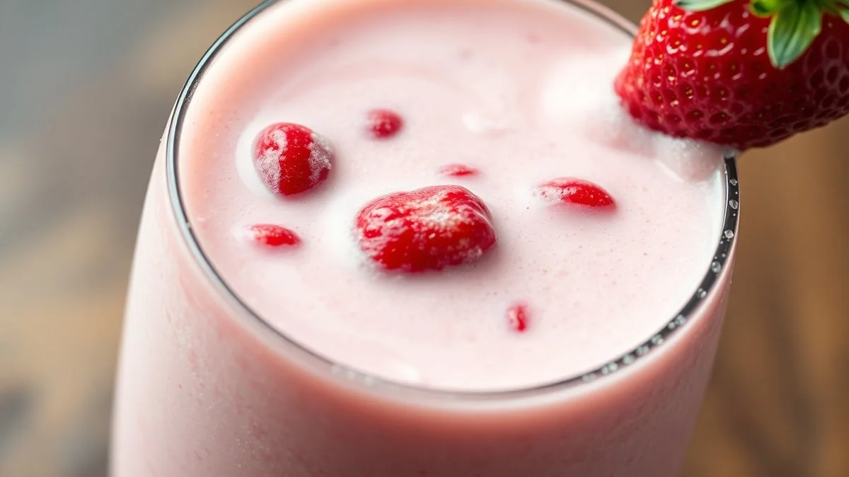 Close-up da textura densa e pedaços de fruta no shake.