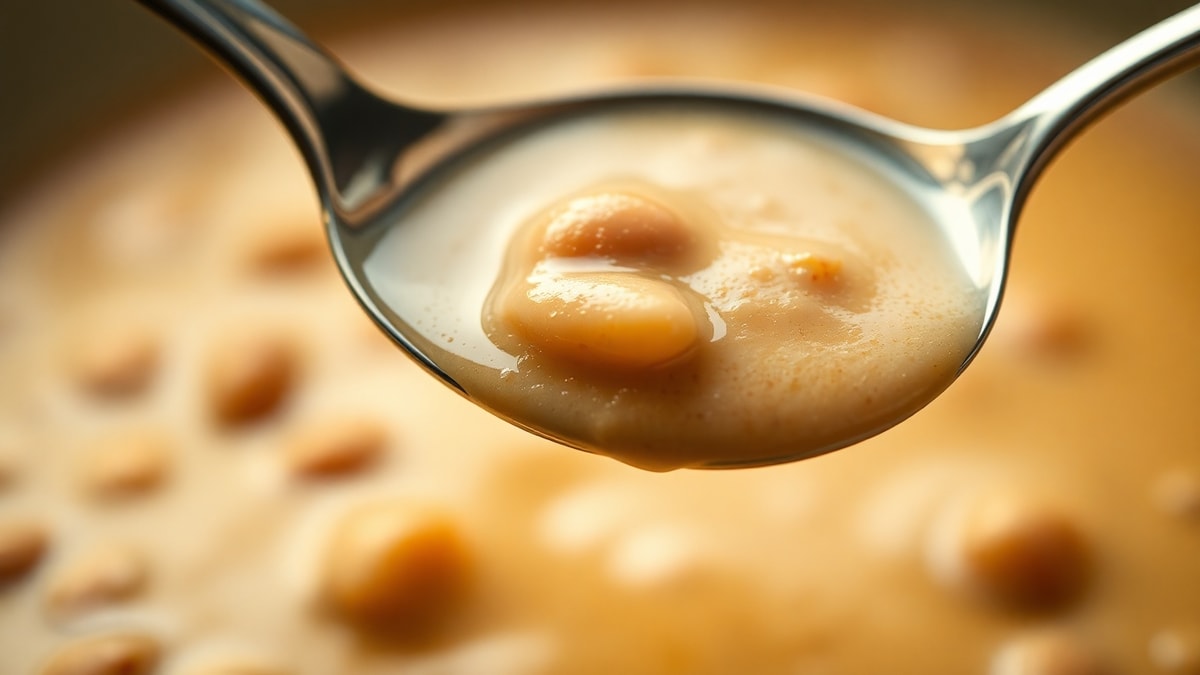 Sopa De Feijão Cremosa: Receita Fácil E Nutritiva Em 30min 5 Close-up da textura aveludada da sopa na colher