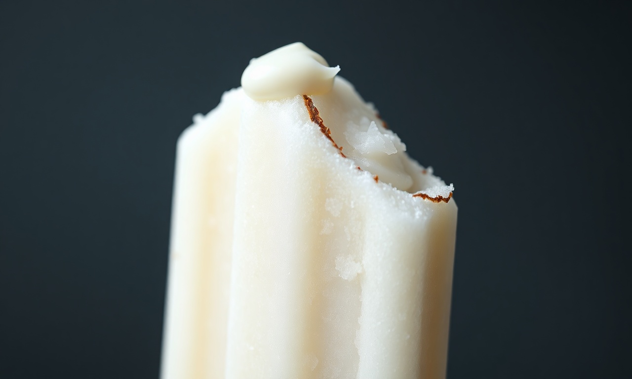 Picolé De Coco Com Leite Condensado Cremoso E Fácil 5 Close-up da textura cremosa e fofa do picolé mordido.
