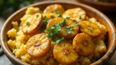Prato de farofa dourada com rodelas de banana visíveis e ervas frescas