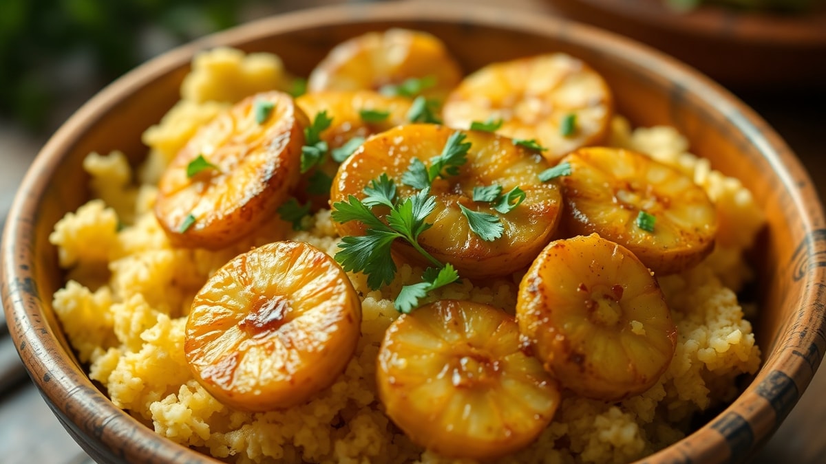 Farofa De Banana: Receita Crocante E Fácil Em 15 Minutos 3 Prato de farofa dourada com rodelas de banana visíveis e ervas frescas