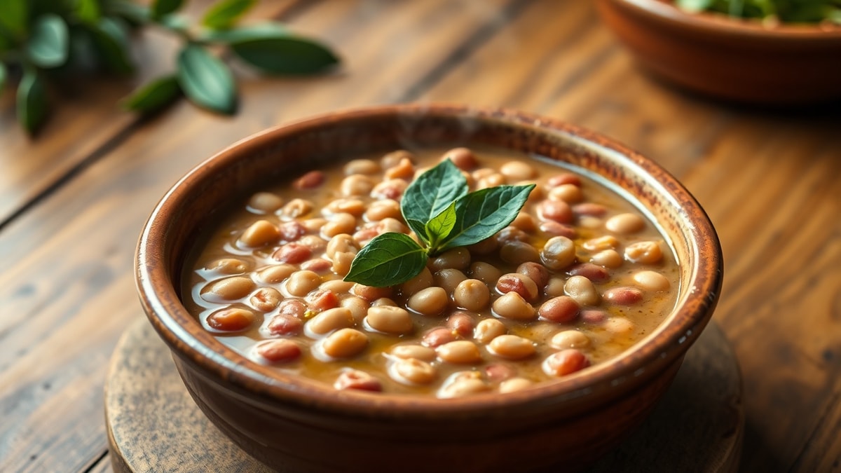 Feijão Carioca Cremoso: Receita Fácil E Muito Saudável 3 Prato fundo com feijão carioca de caldo grosso e brilhante, decorado com louro.