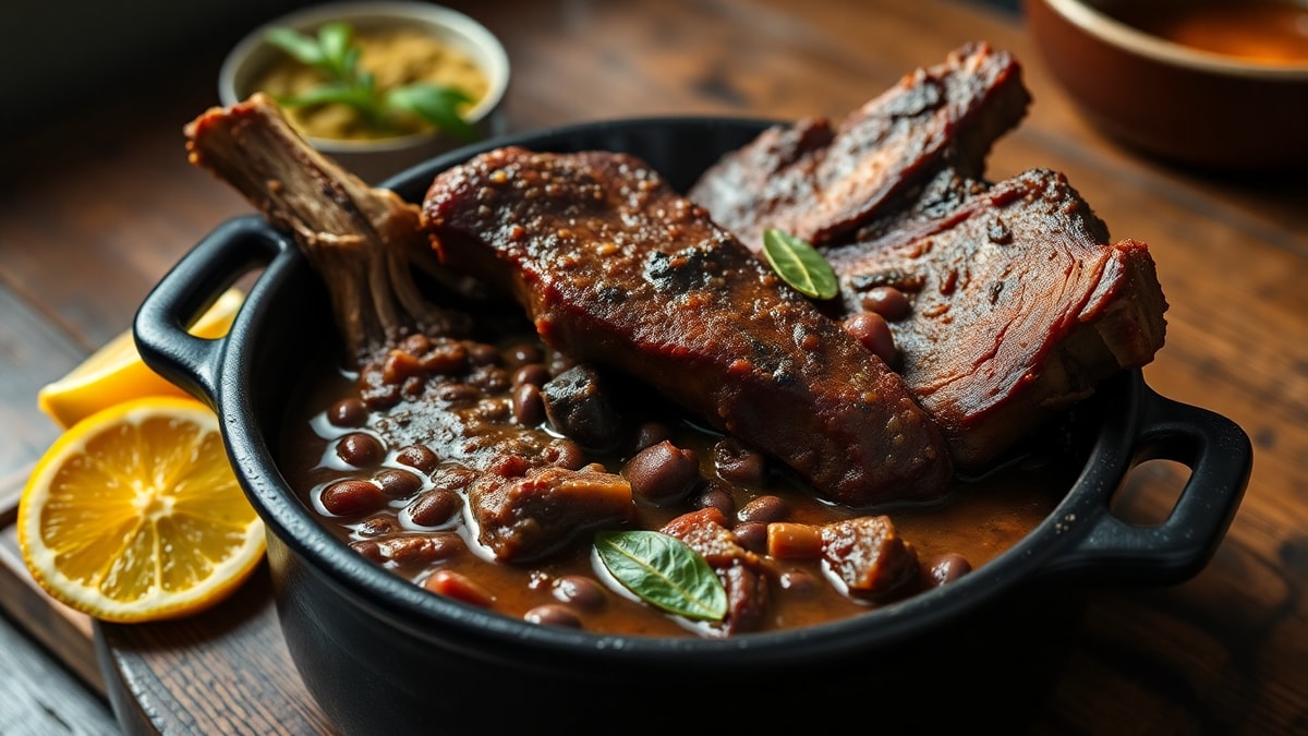 Prato fundo de feijoada com caldo denso e pedaços generosos de costela