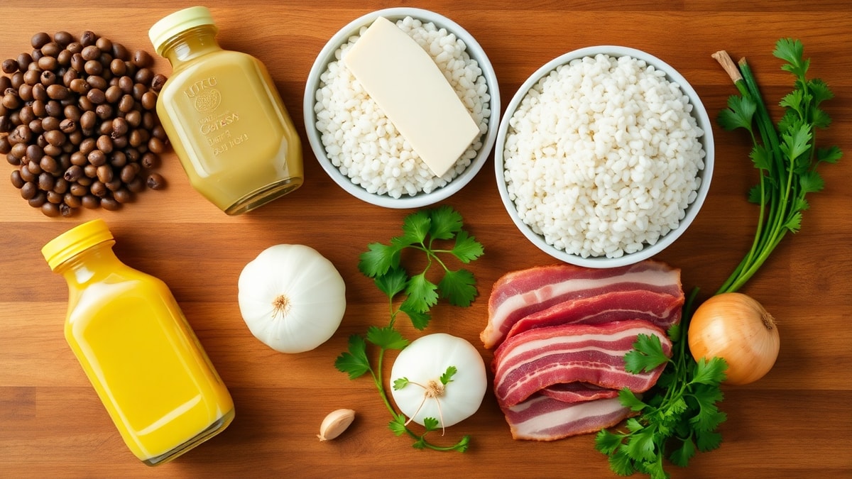 Vista de cima dos ingredientes organizados como feijão-de-corda, arroz, bacon e queijo coalho