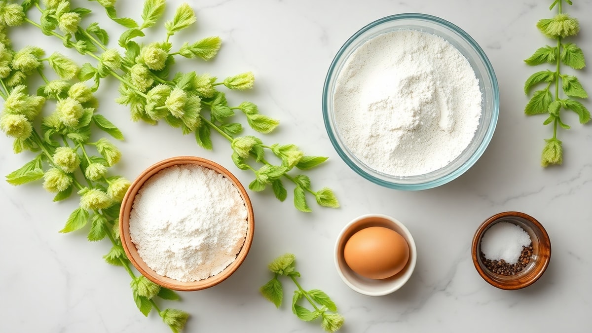 Vista de cima dos ingredientes organizados para empanar