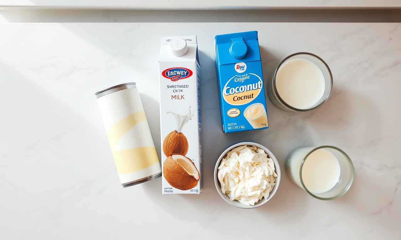 Picolé De Coco Com Leite Condensado Cremoso E Fácil 4 Vista de cima com leite condensado, creme de leite, leite de coco e coco ralado.