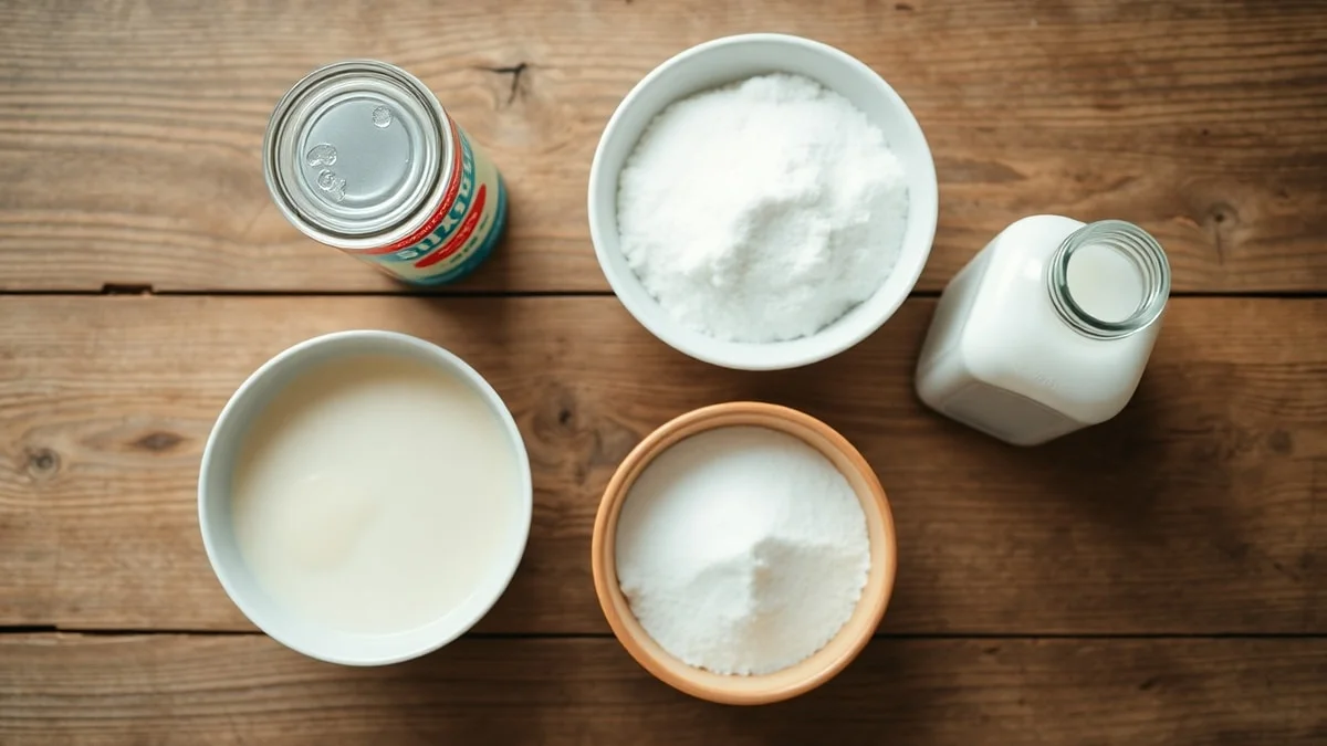 Vista de cima dos ingredientes básicos para um pudim tradicional.