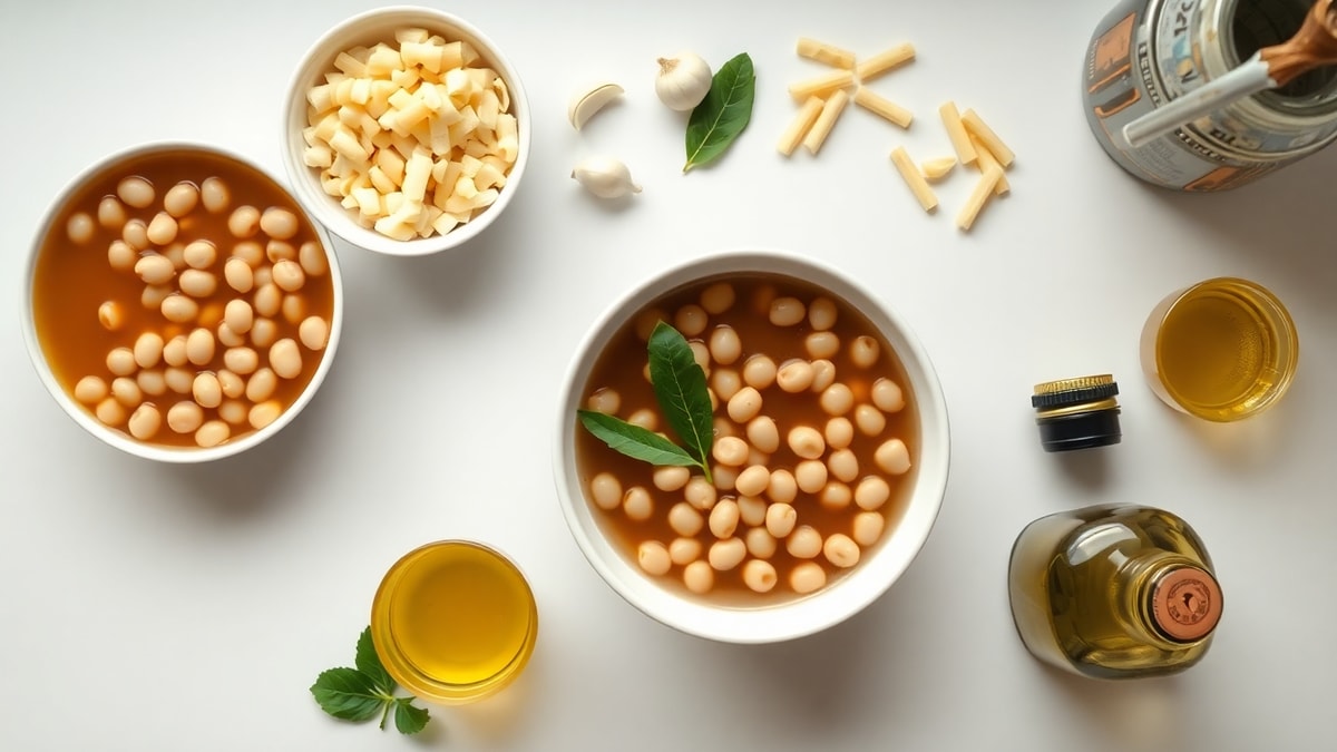Sopa De Feijão Cremosa: Receita Fácil E Nutritiva Em 30min 4 Vista de cima dos ingredientes organizados em recipientes