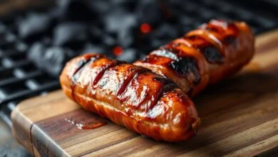 Linguiça toscana dourada e suculenta, recém-tirada da grelha, pronta para servir.