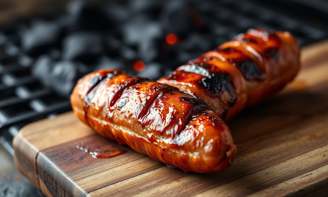 Linguiça toscana dourada e suculenta, recém-tirada da grelha, pronta para servir.
